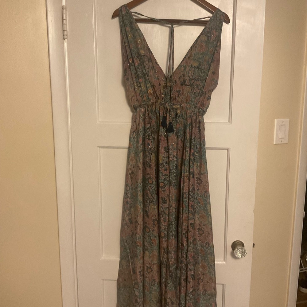 Fashion Fuse Multi Color Floral Print Sleeveless Maxi Dress Sz M Boho Deep V